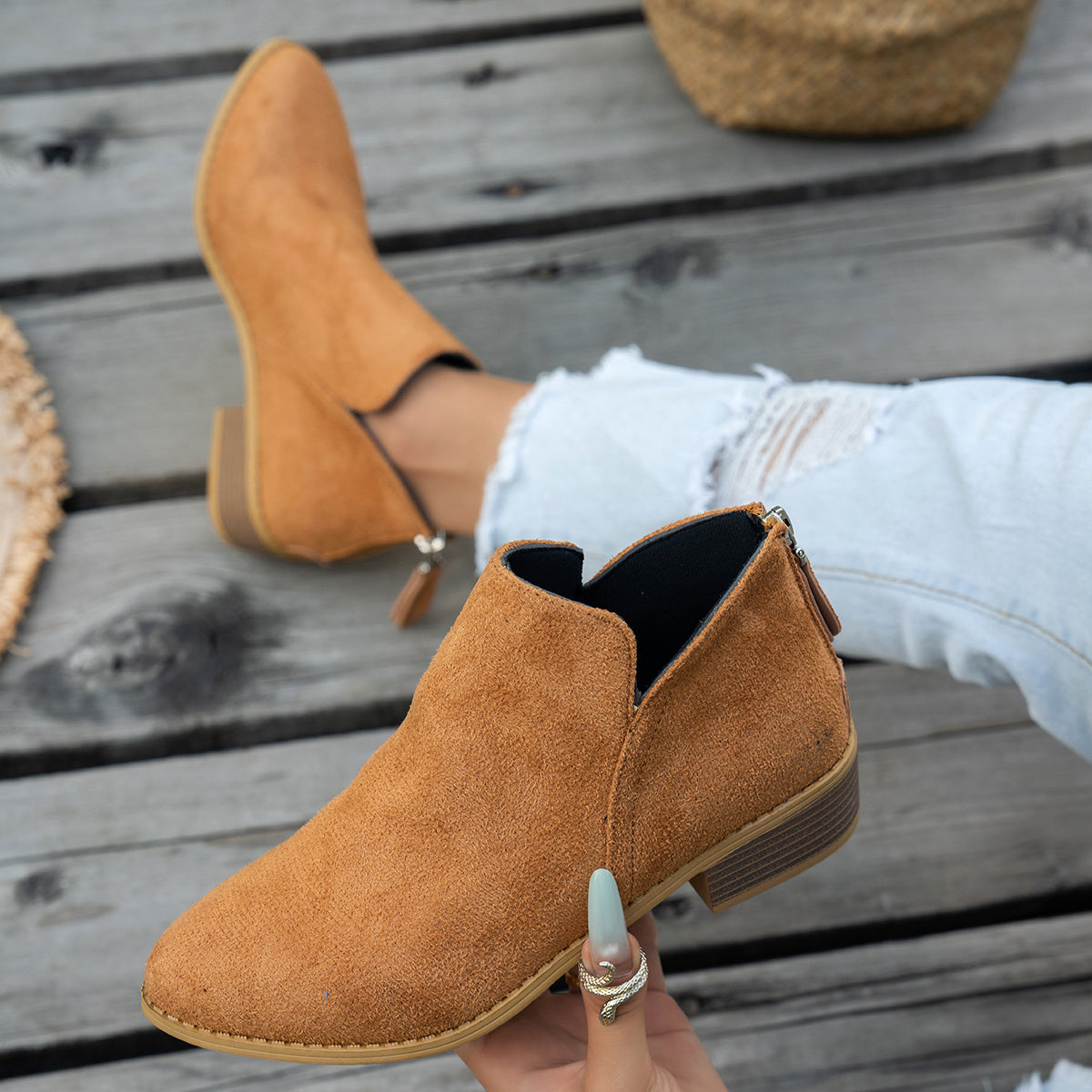 Marlowe comfort low-heel ankle boot in light brown, showing the soft matte upper and back zip
