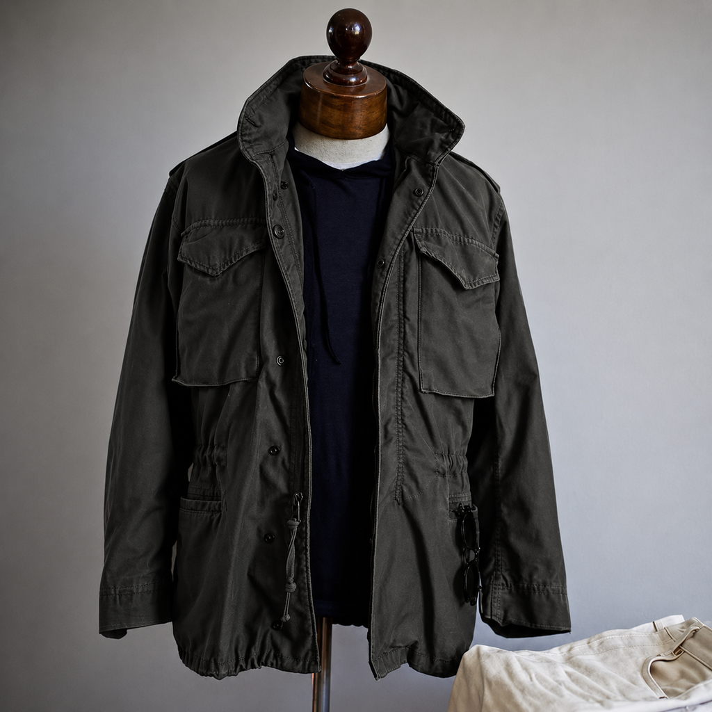Black military field jacket with stand collar, four flap pockets and drawcord waist
