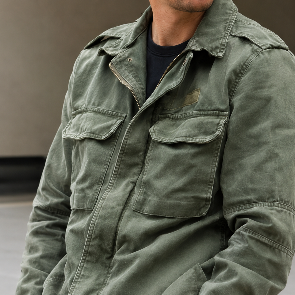 Man wearing the olive green Mason field jacket with the collar folded down, showing the chest flap pockets and zip front