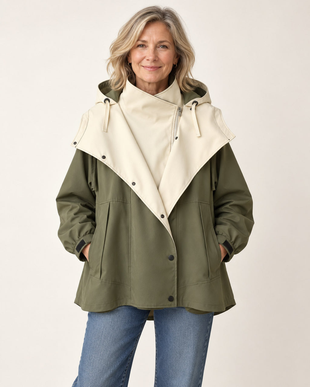 Nancy windbreaker jacket in olive green, front view on model