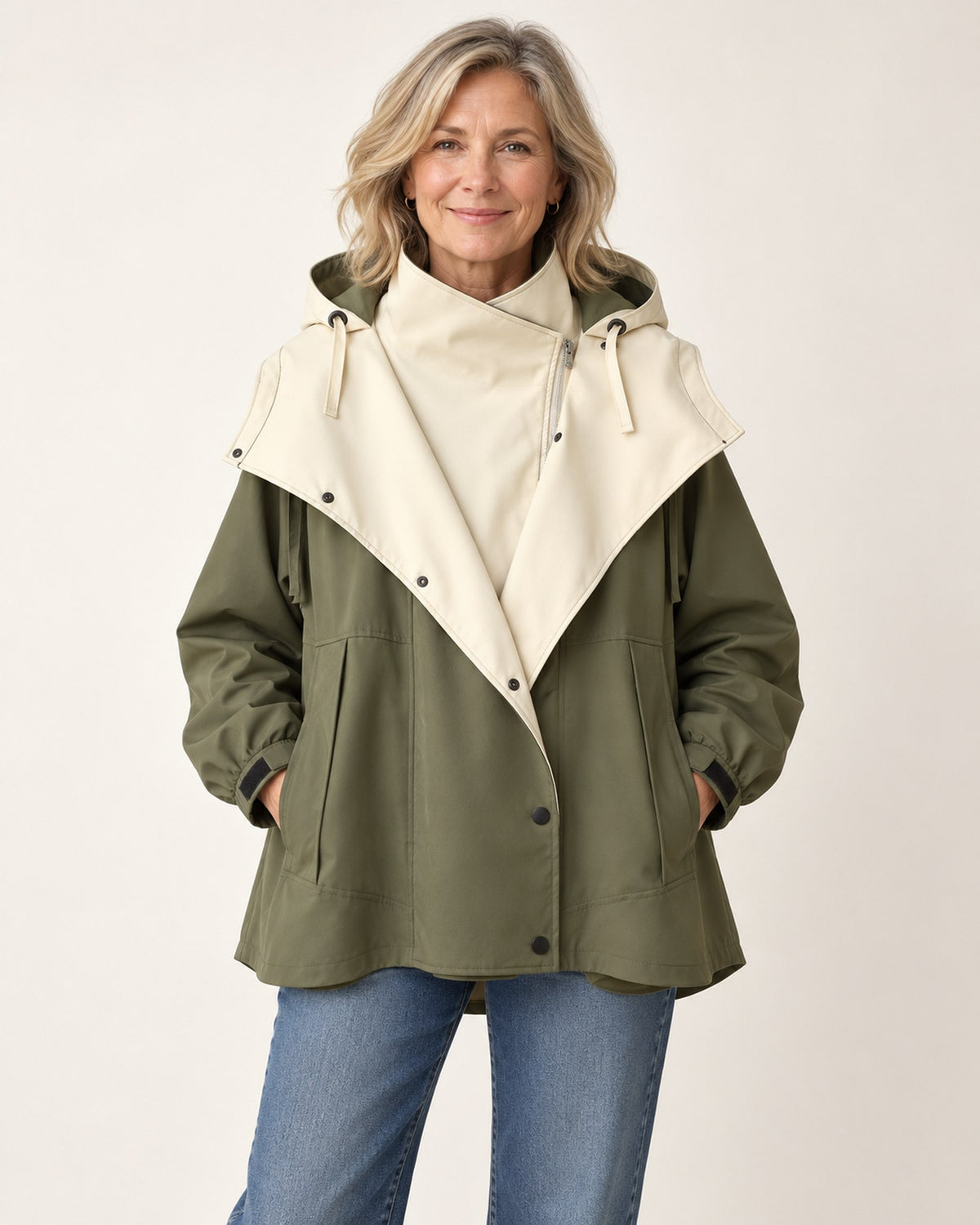 Nancy windbreaker jacket in olive green, front view on model