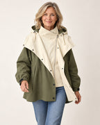 Nancy olive green windbreaker, open placket and inner zip view