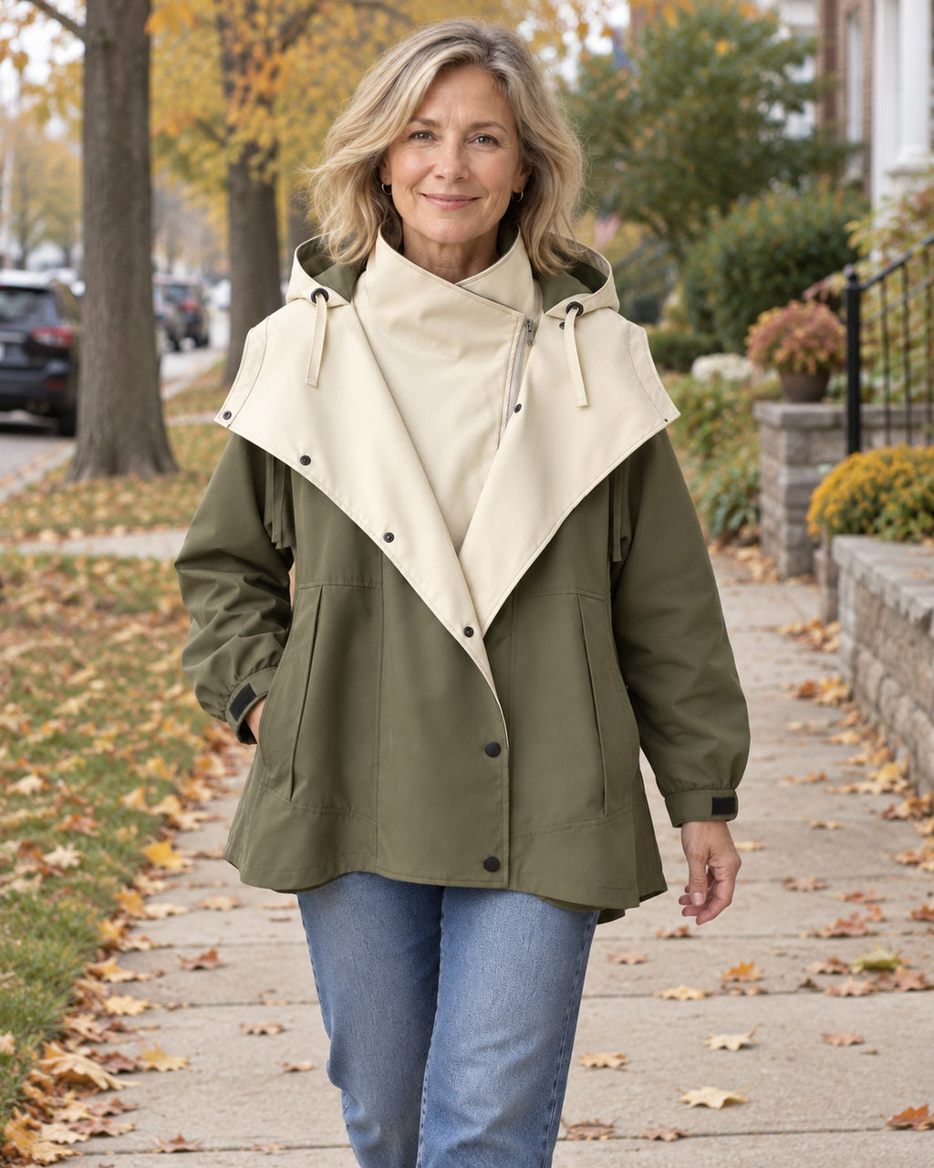 Nancy windbreaker jacket in olive green, worn outdoors in fall