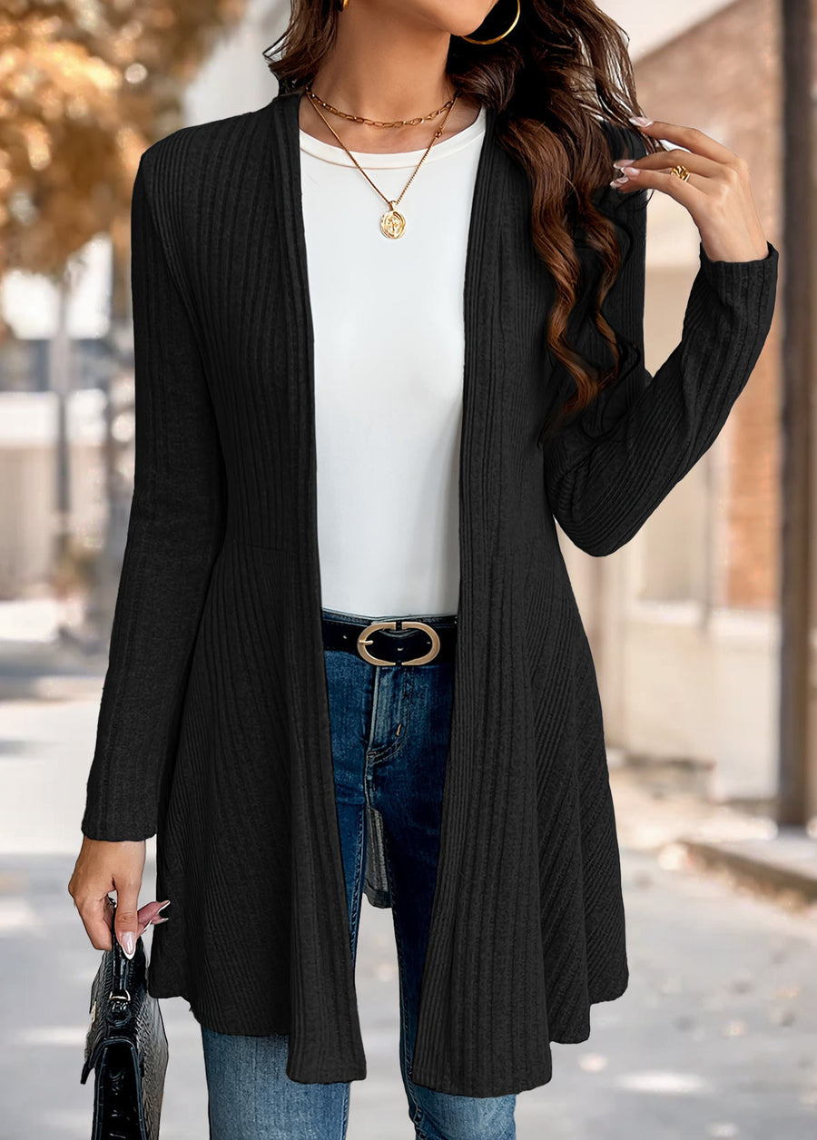 Close front view of the Nora comfort knit open front cardigan in black, showing the ribbed knit and soft A-line hem