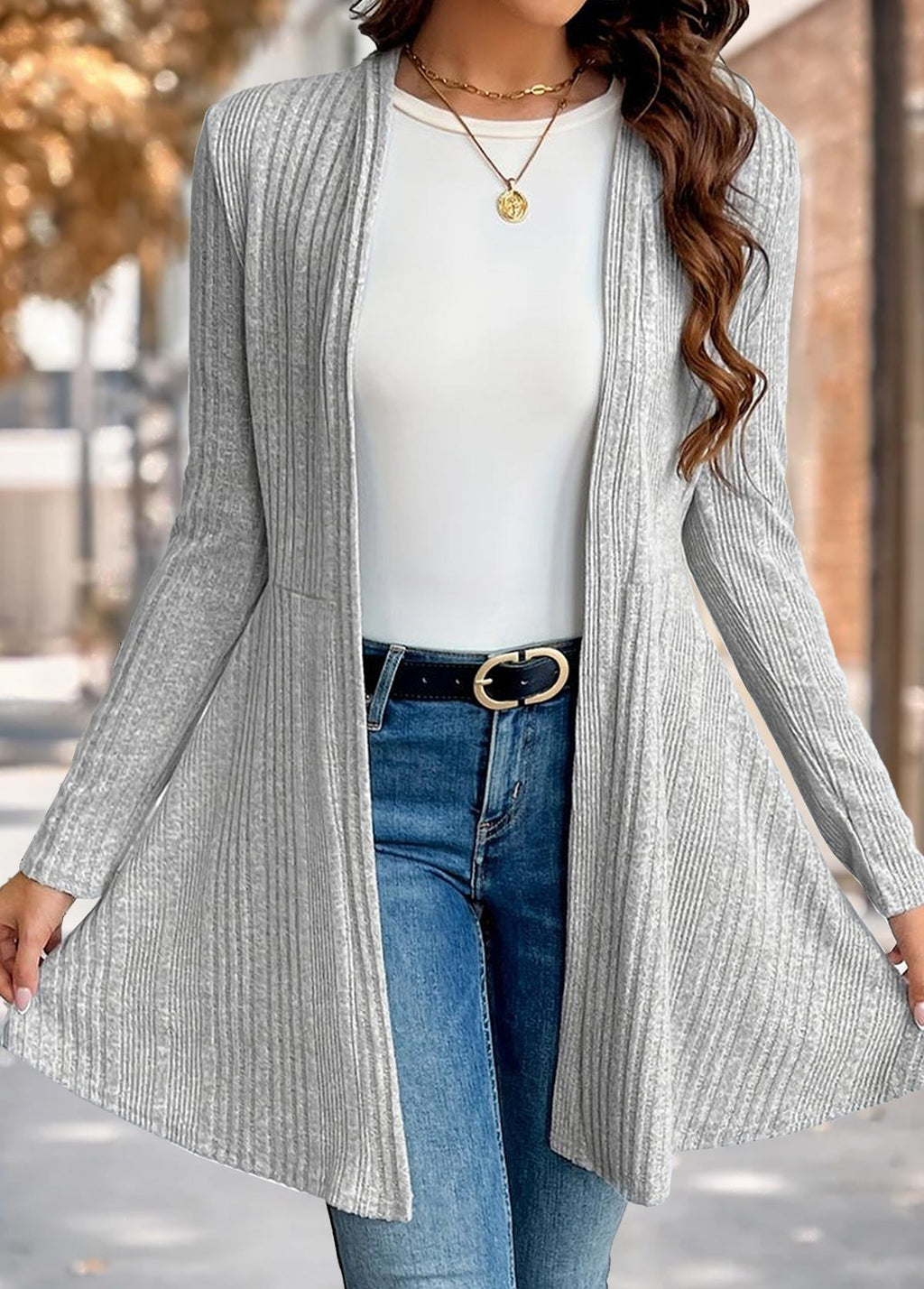 Close front view of the Nora comfort knit open front cardigan in grey, showing the ribbed knit and open front