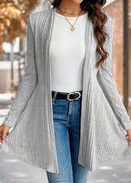 Close front view of the Nora comfort knit open front cardigan in grey, showing the ribbed knit and open front