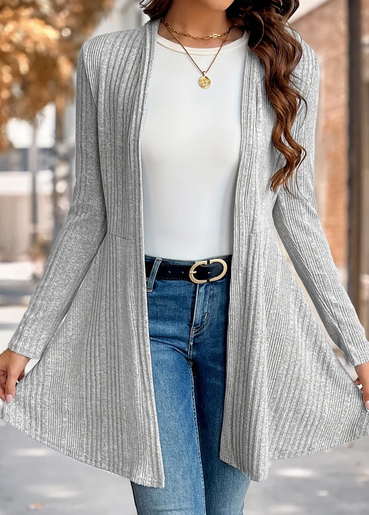 Close front view of the Nora comfort knit open front cardigan in grey, showing the ribbed knit and open front