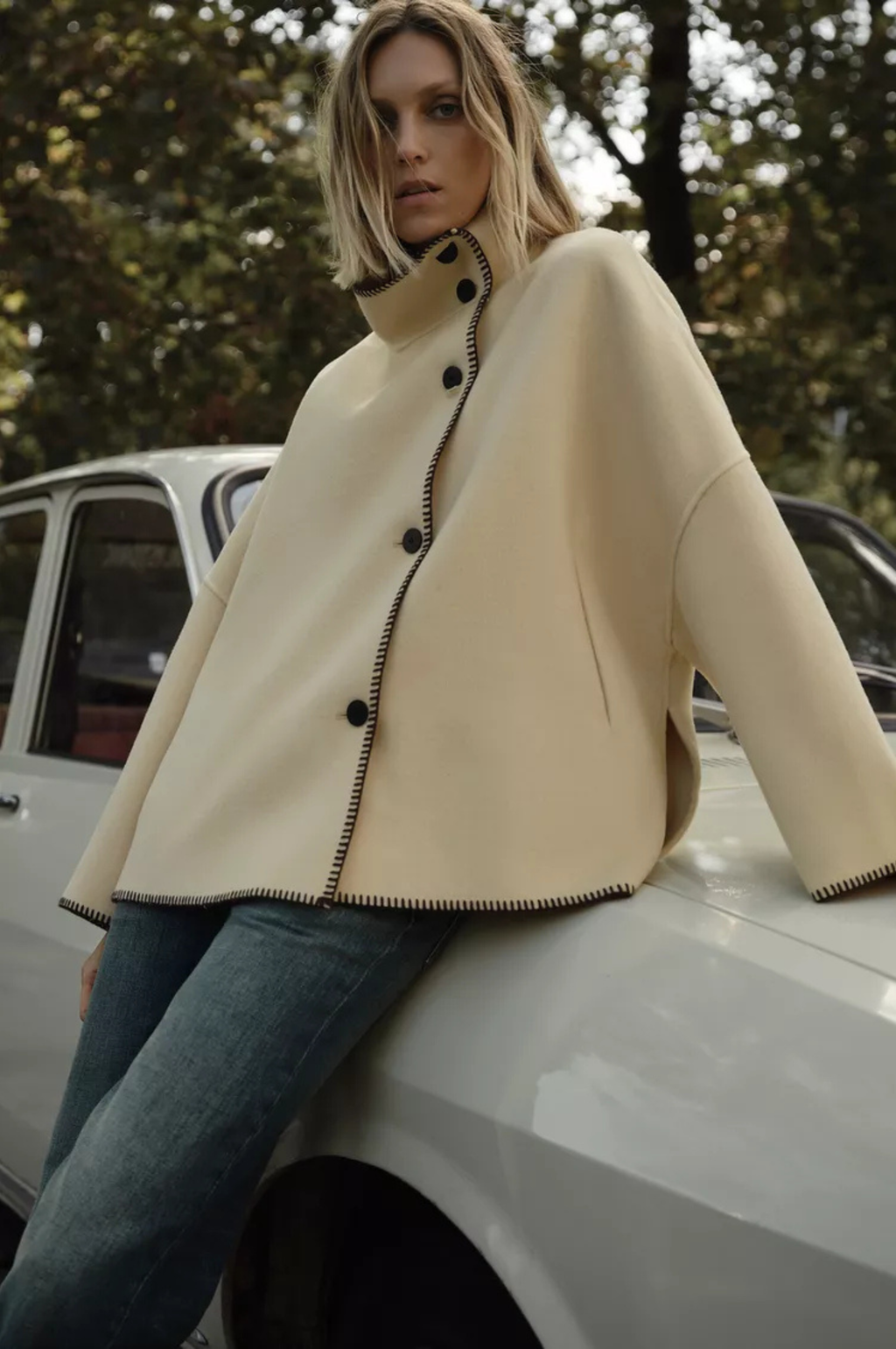 Olivia blanket stitch boxy jacket in Cream worn open