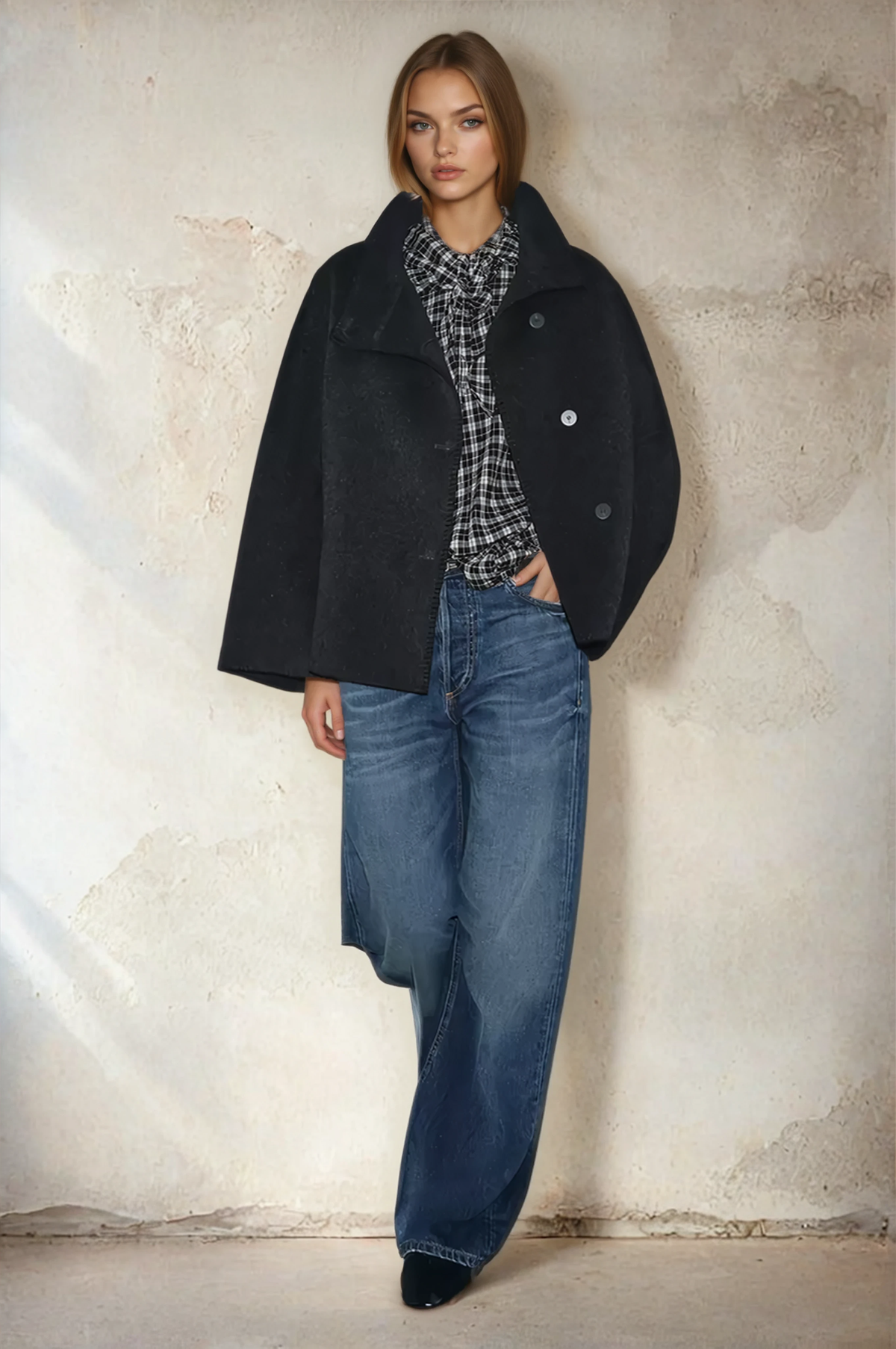 Olivia blanket stitch boxy jacket in Dark Grey worn with wide jeans