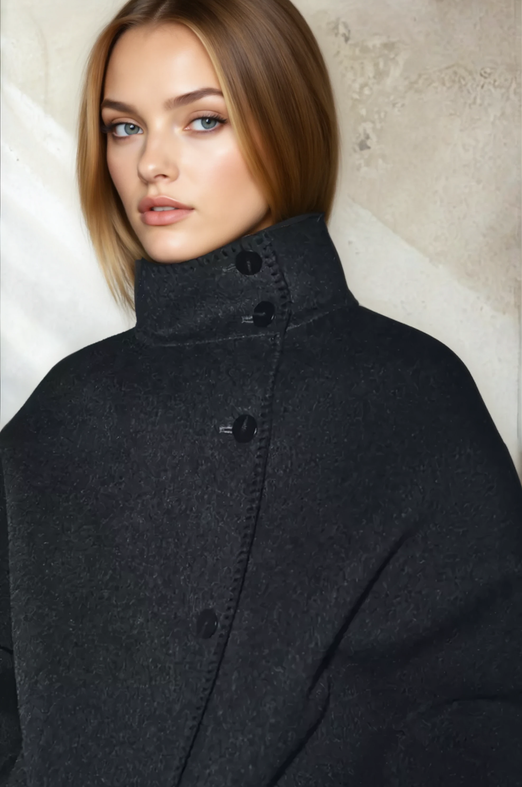 Collar and button detail on the Olivia blanket stitch boxy jacket in Dark Grey