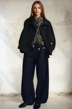 Olivia blanket stitch boxy jacket in Dark Grey worn over a checked shirt
