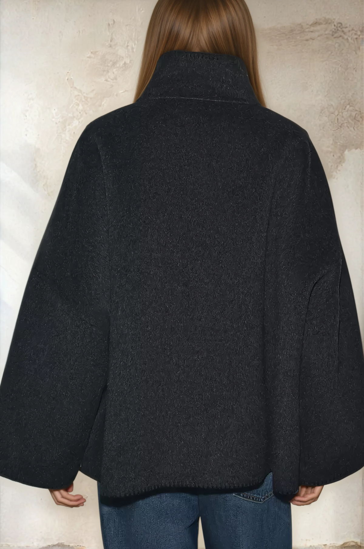 Back view of the Olivia blanket stitch boxy jacket in Dark Grey