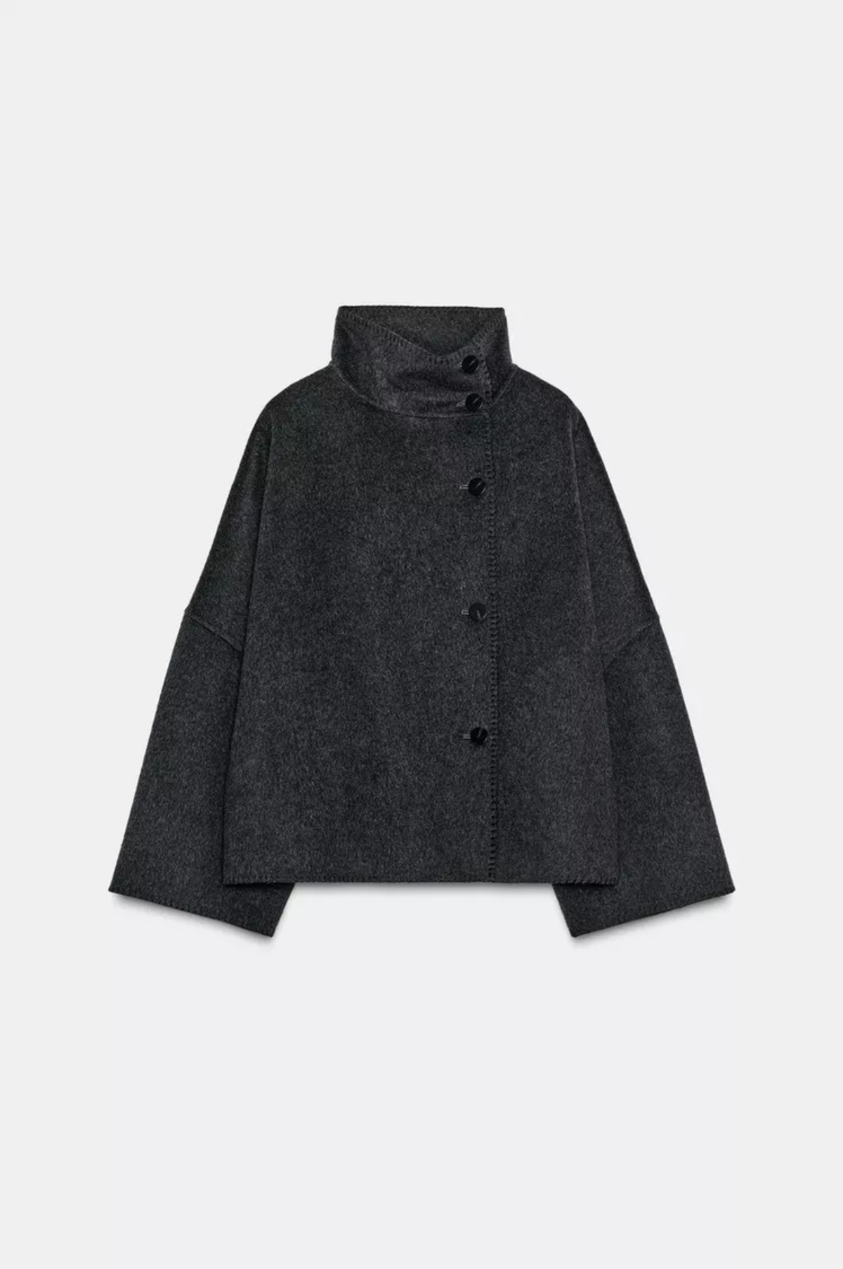 Front view of the Olivia blanket stitch boxy jacket in Dark Grey