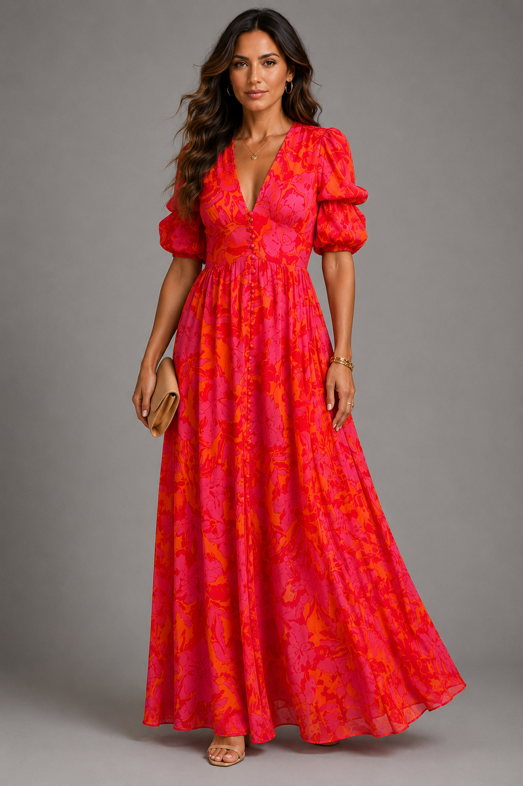 Olvera - Floral Puff Sleeve Maxi Dress