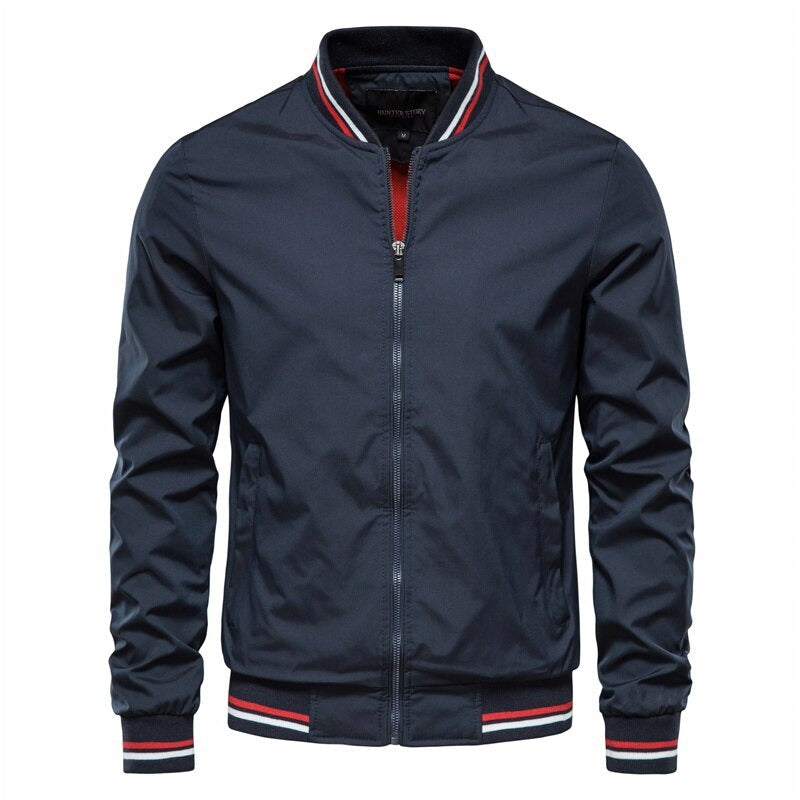 Ray - Classic Striped-Trim Bomber Jacket in Navy