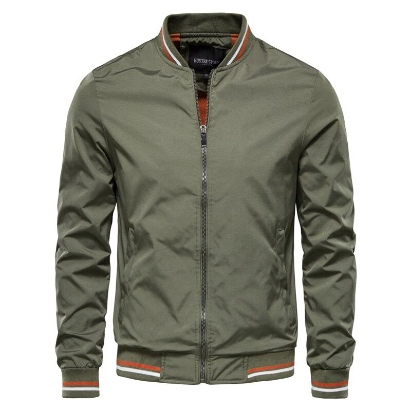 Ray - Classic Striped-Trim Bomber Jacket in Army Green