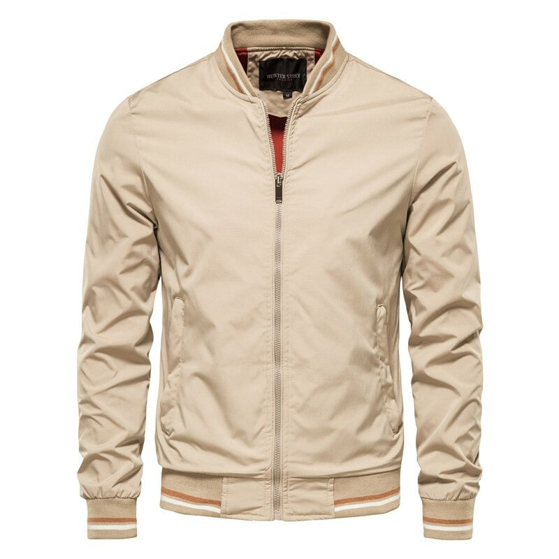 Ray - Classic Striped-Trim Bomber Jacket in Beige