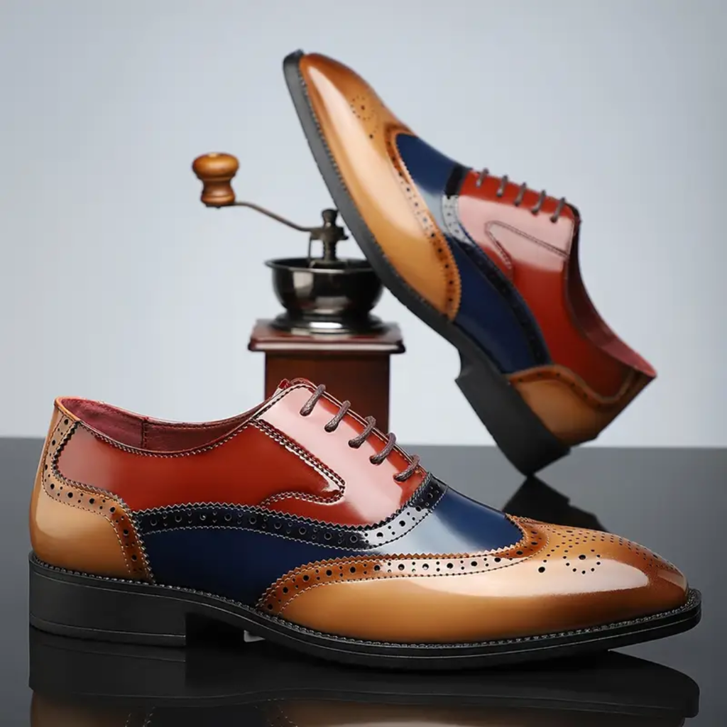 Reginald wingtip brogues in Tan Multi seen from the side and above