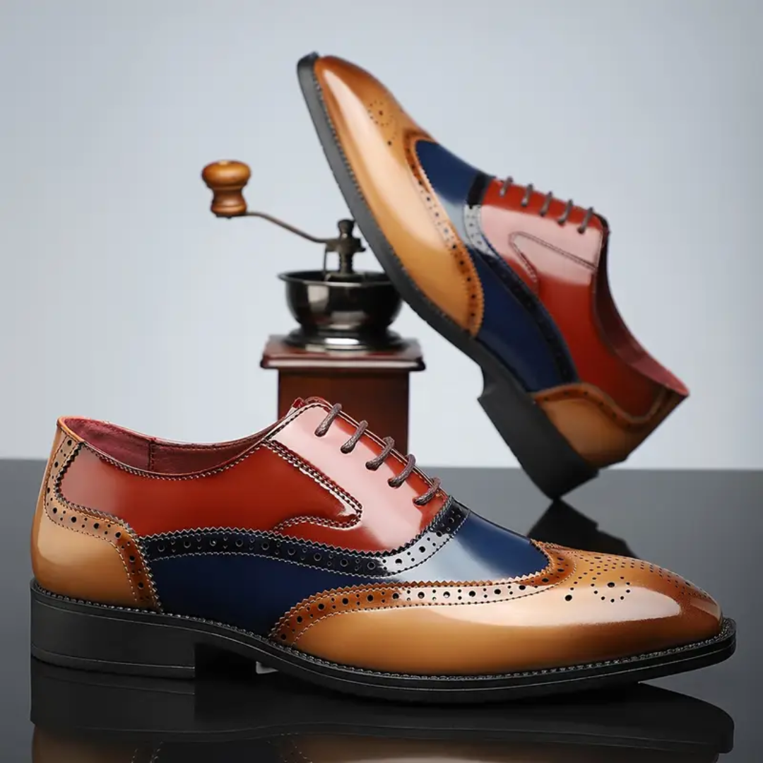 Reginald wingtip brogues in Tan Multi seen from the side and above
