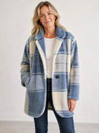 Rosalie plaid fleece jacket in Blue Plaid on a 40+ model