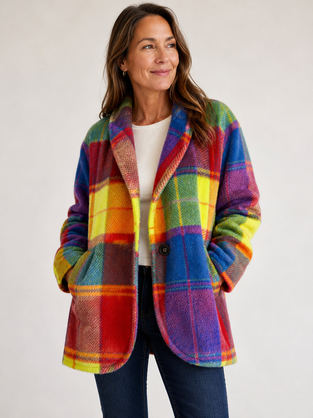 Rosalie plaid fleece jacket in Bright Multi on a 40+ model