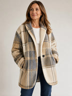 Rosalie plaid fleece jacket in Cream Plaid on a 40+ model