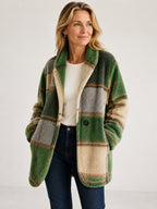 Rosalie plaid fleece jacket in Green Plaid on a 40+ model