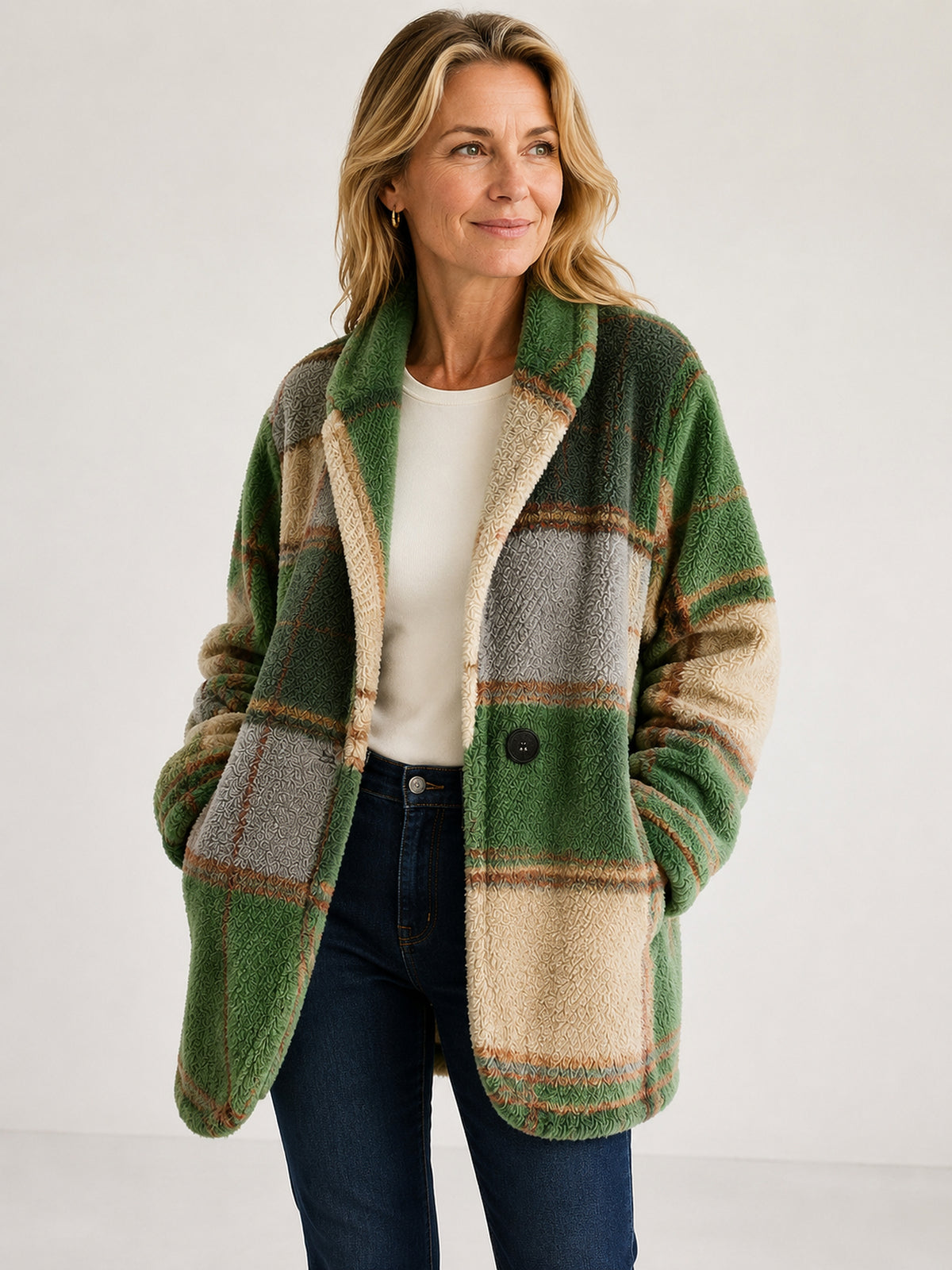 Rosalie plaid fleece jacket in Green Plaid on a 40+ model