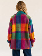 Rosalie Magenta Multi plaid fleece jacket rear view on a 40+ model