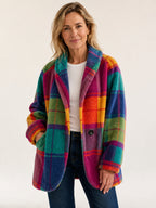 Rosalie plaid fleece jacket in Magenta Multi on a 40+ model