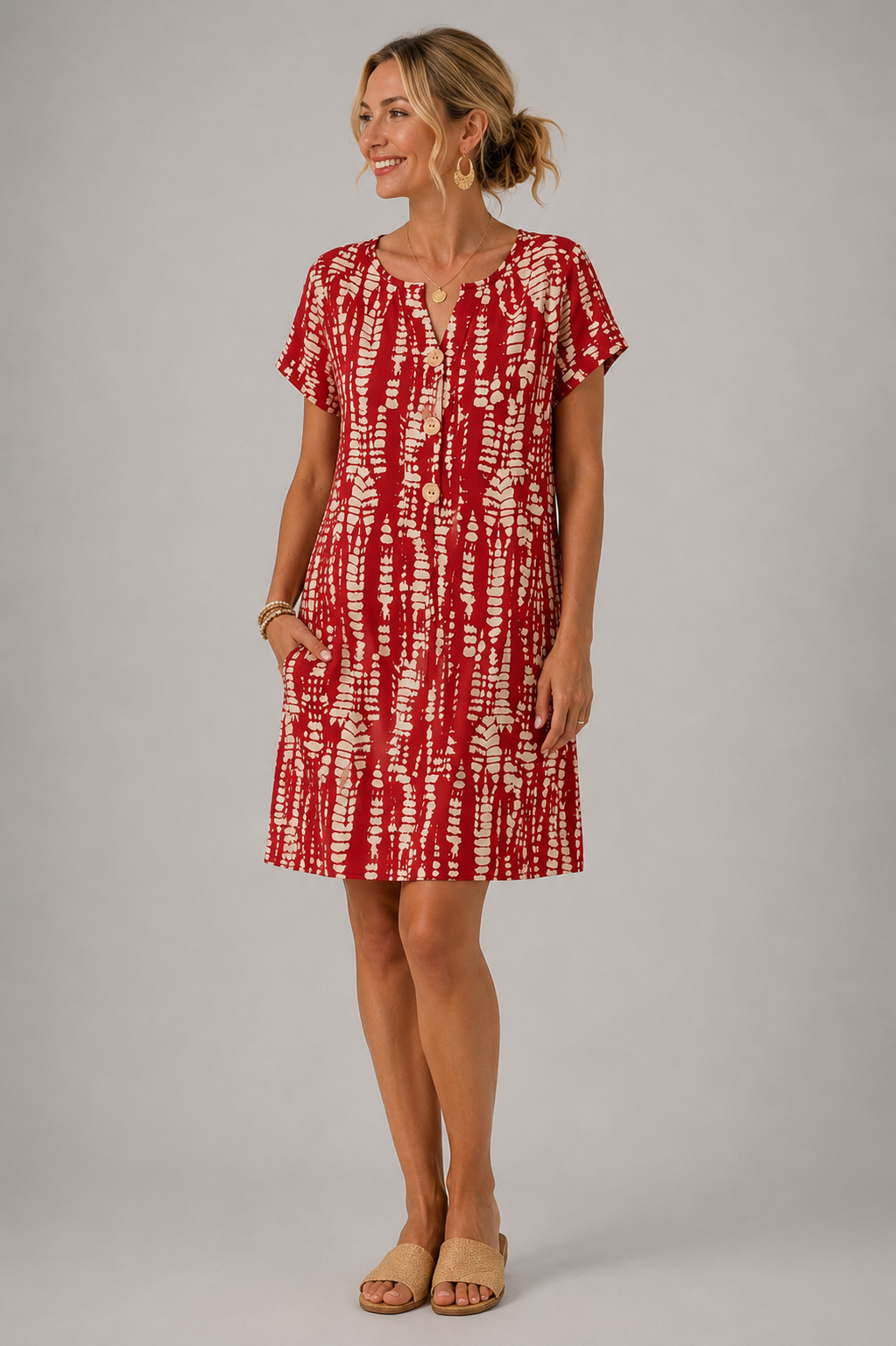 Santorini - Printed Short-Sleeve A-Line Dress