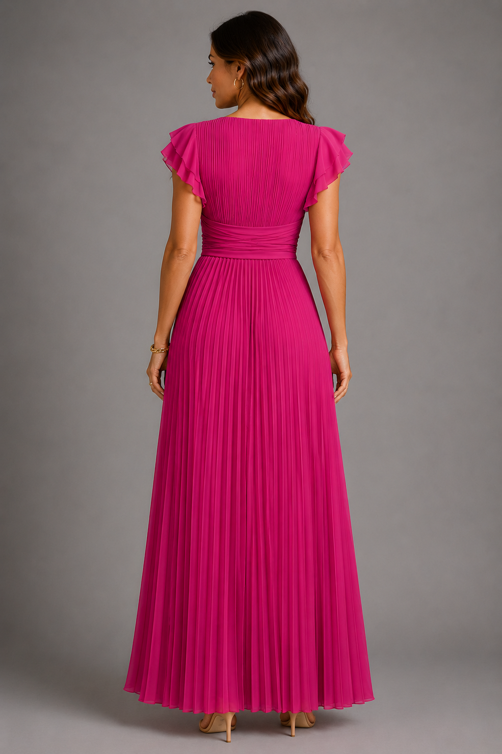 Selena - Pleated Flutter Sleeve Maxi Dress