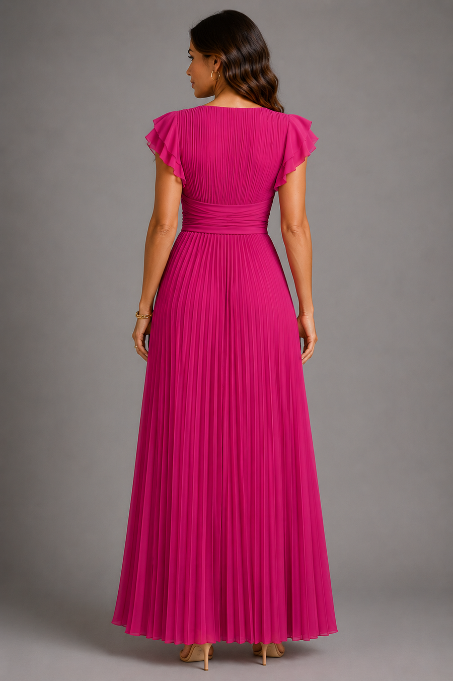 Selena - Pleated Flutter Sleeve Maxi Dress