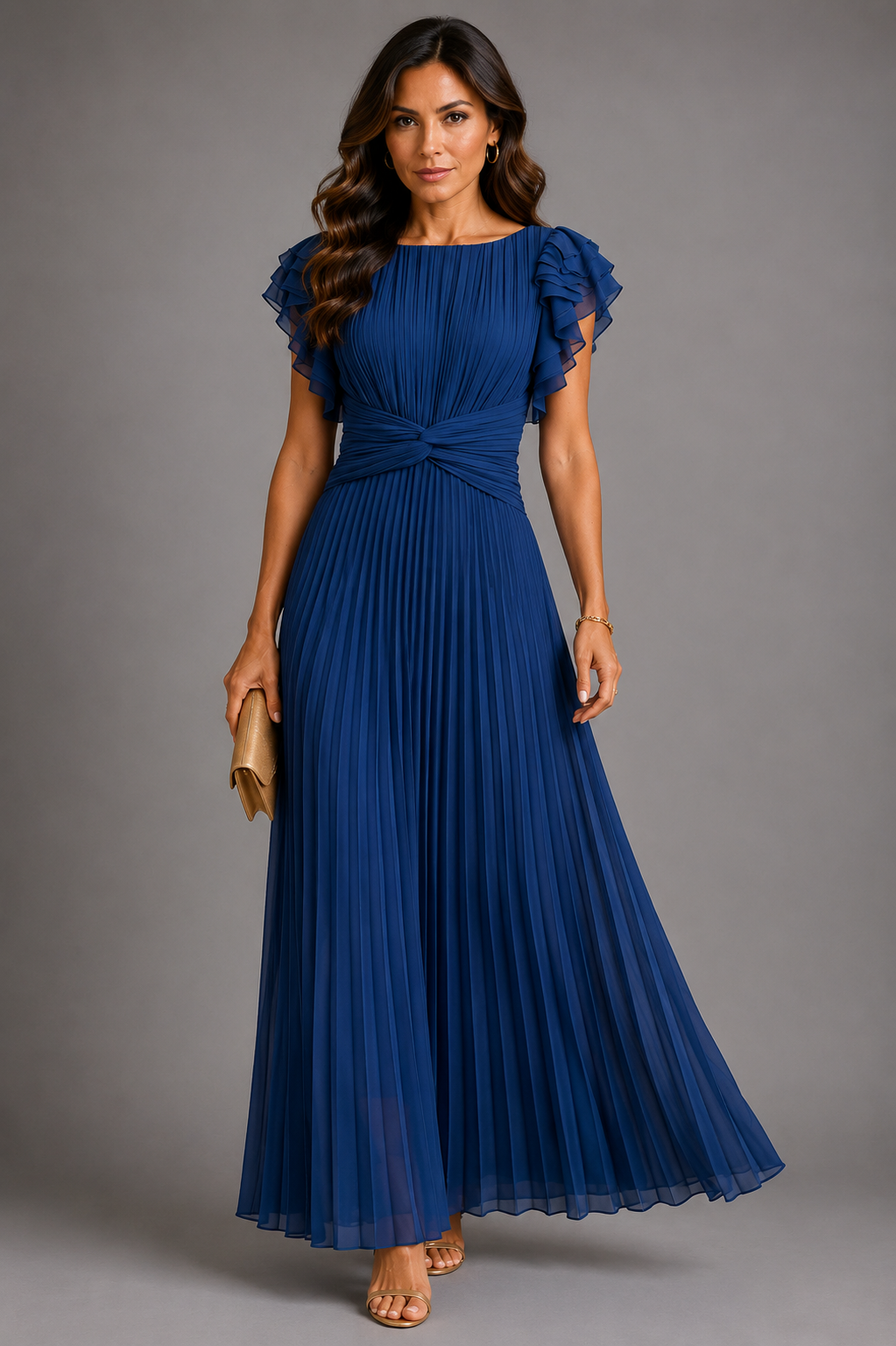 Selena - Pleated Flutter Sleeve Maxi Dress