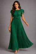 Selena - Pleated Flutter Sleeve Maxi Dress
