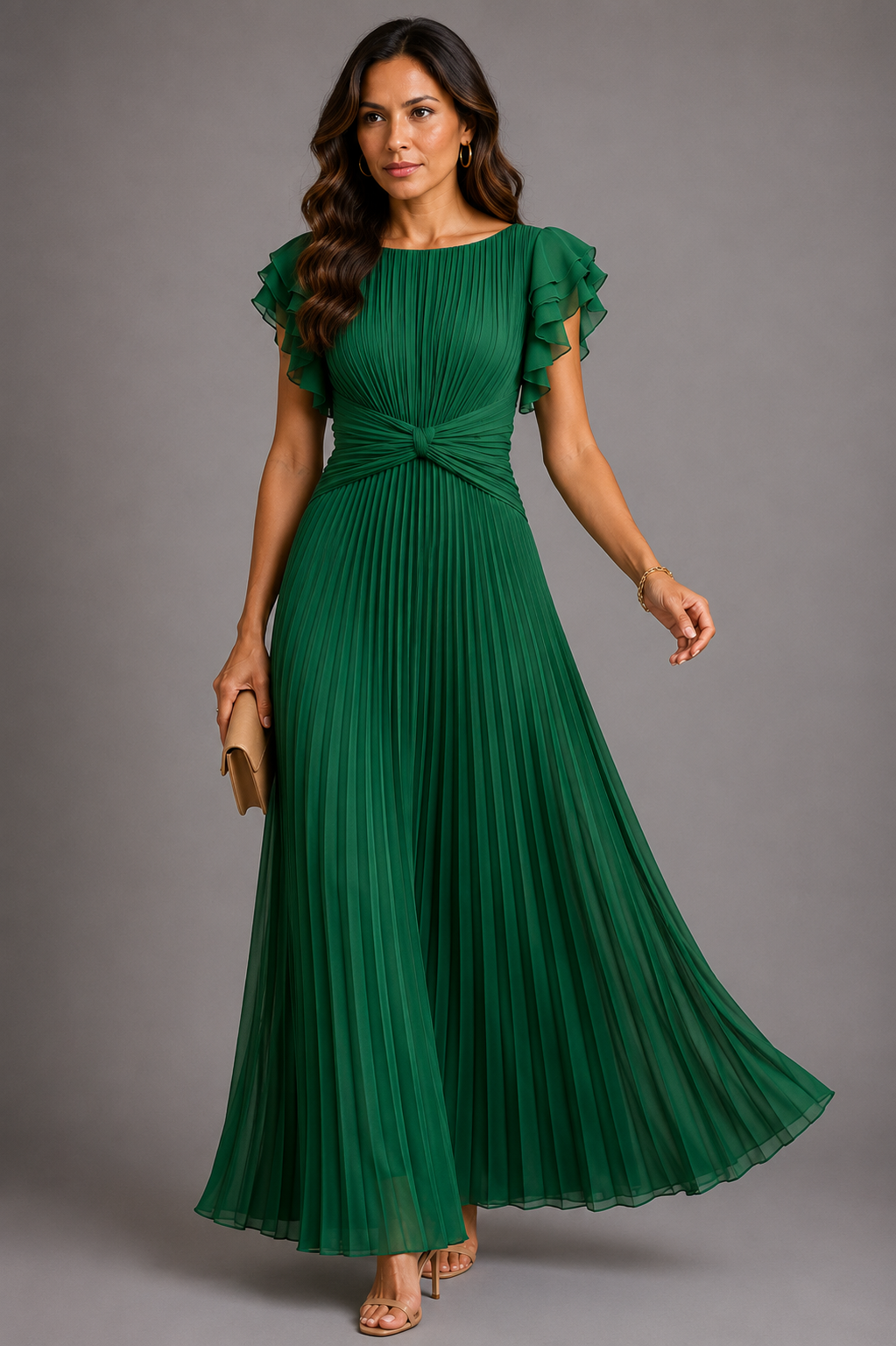 Selena - Pleated Flutter Sleeve Maxi Dress