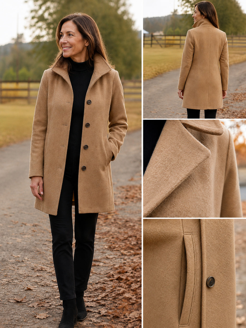 Serena Heritage Button-Front Coat in Camel, front, back, material and stitching collage