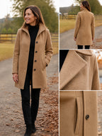 Serena Heritage Button-Front Coat in Camel, front, back, material and stitching collage