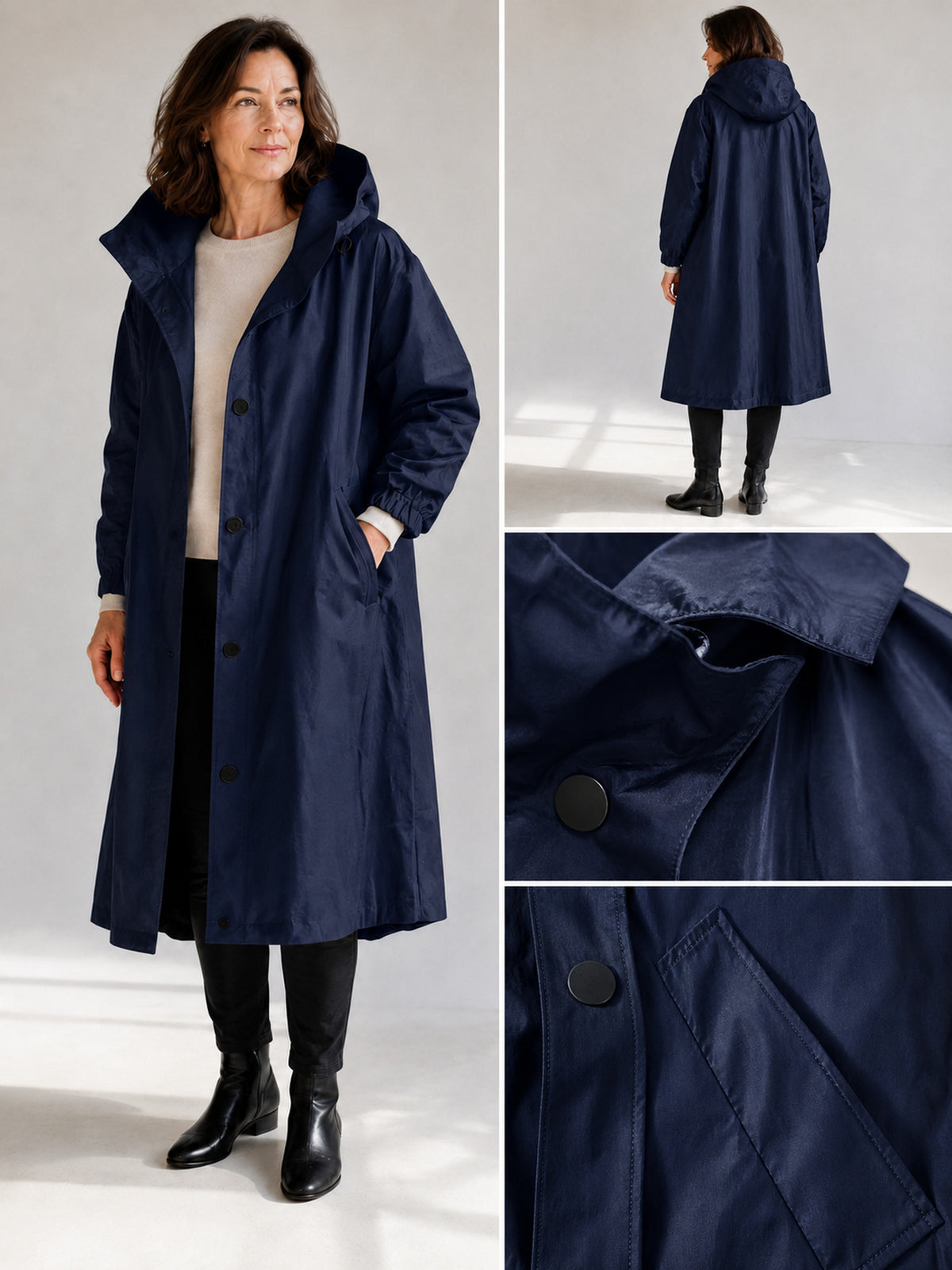 Theodora Hooded Longline Trench Coat in Navy, front, back, material and stitching collage