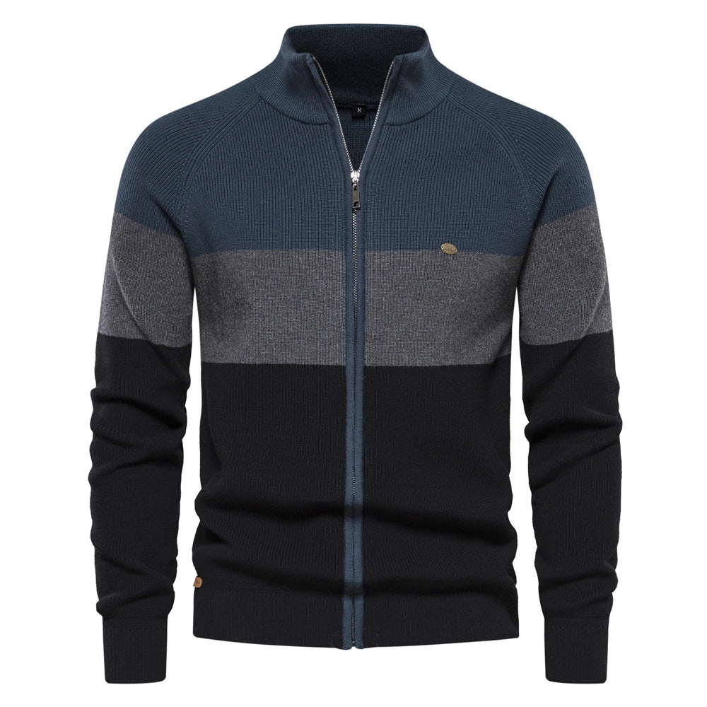 Vern - Colorblock Full-Zip Cardigan in Steel Blue