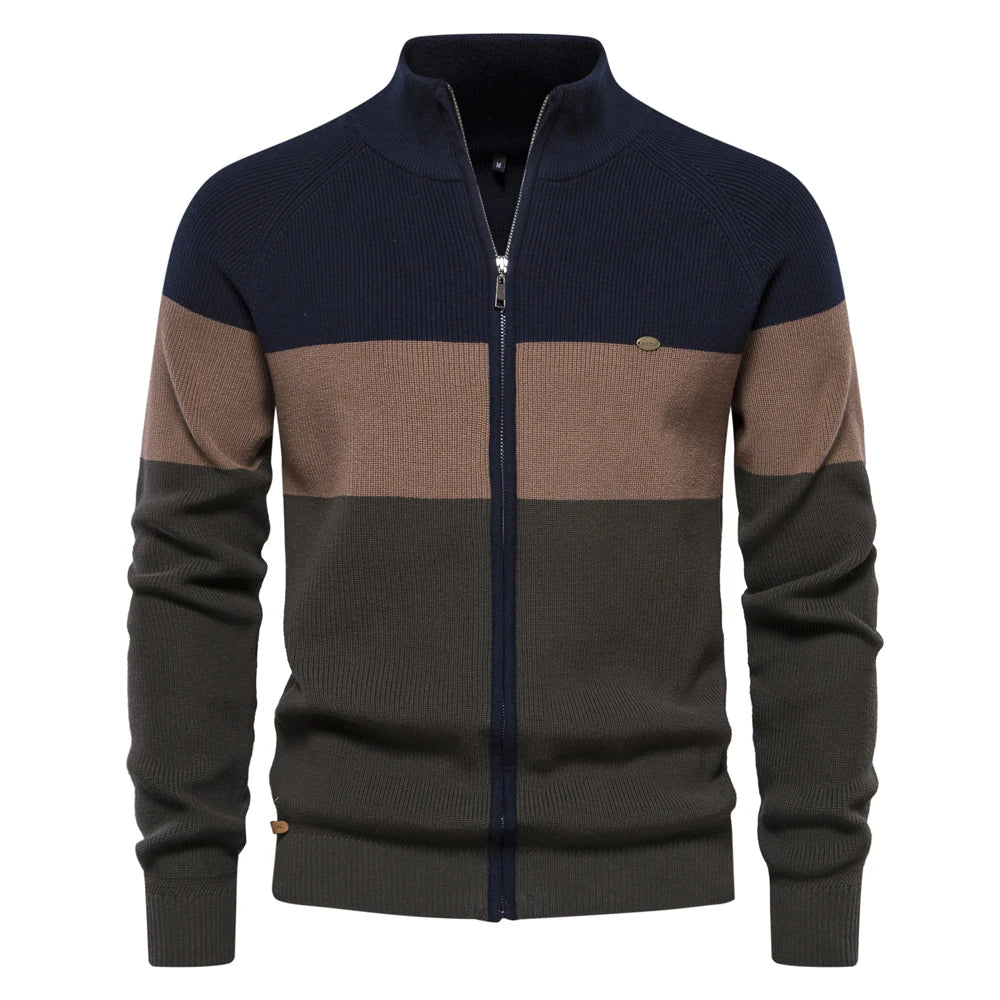Vern - Colorblock Full-Zip Cardigan in Navy Tan