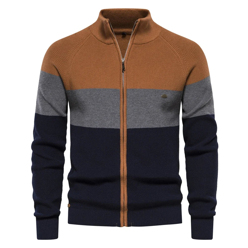 Vern - Colorblock Full-Zip Cardigan in Camel