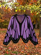 Vivienne butterfly wing cape cardigan in violet, shown open with the full wing pattern