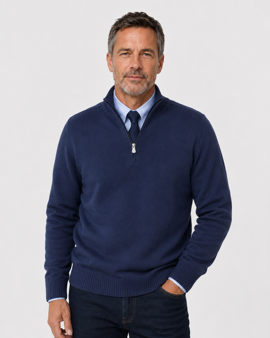 Man wearing the Warren classic quarter-zip sweater in Navy