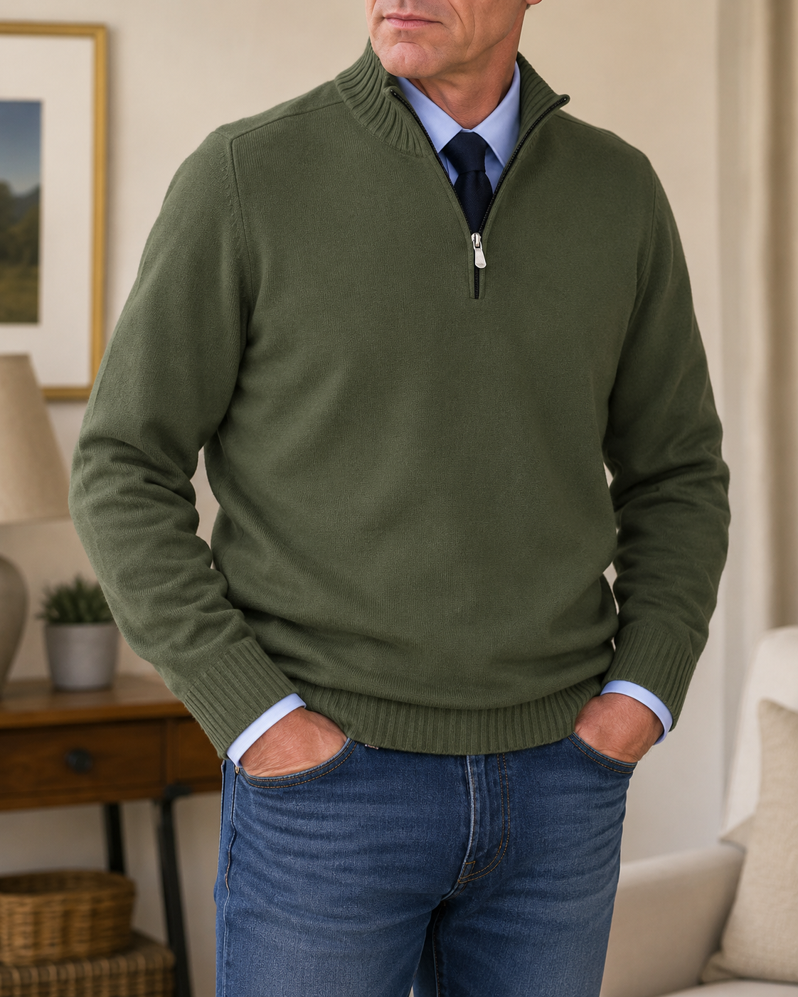 Warren classic quarter-zip sweater in Olive