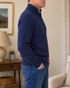 Side view of the Warren quarter-zip sweater in Navy