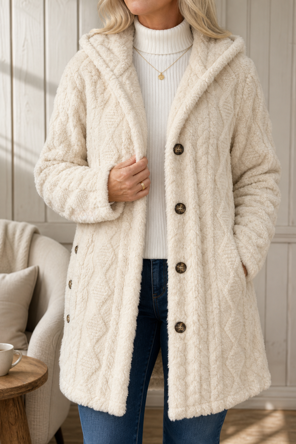 Wearbella cable-knit hooded longline coat in White