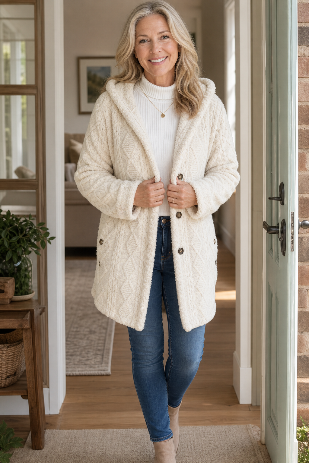 Wearbella cable-knit hooded longline coat lifestyle view