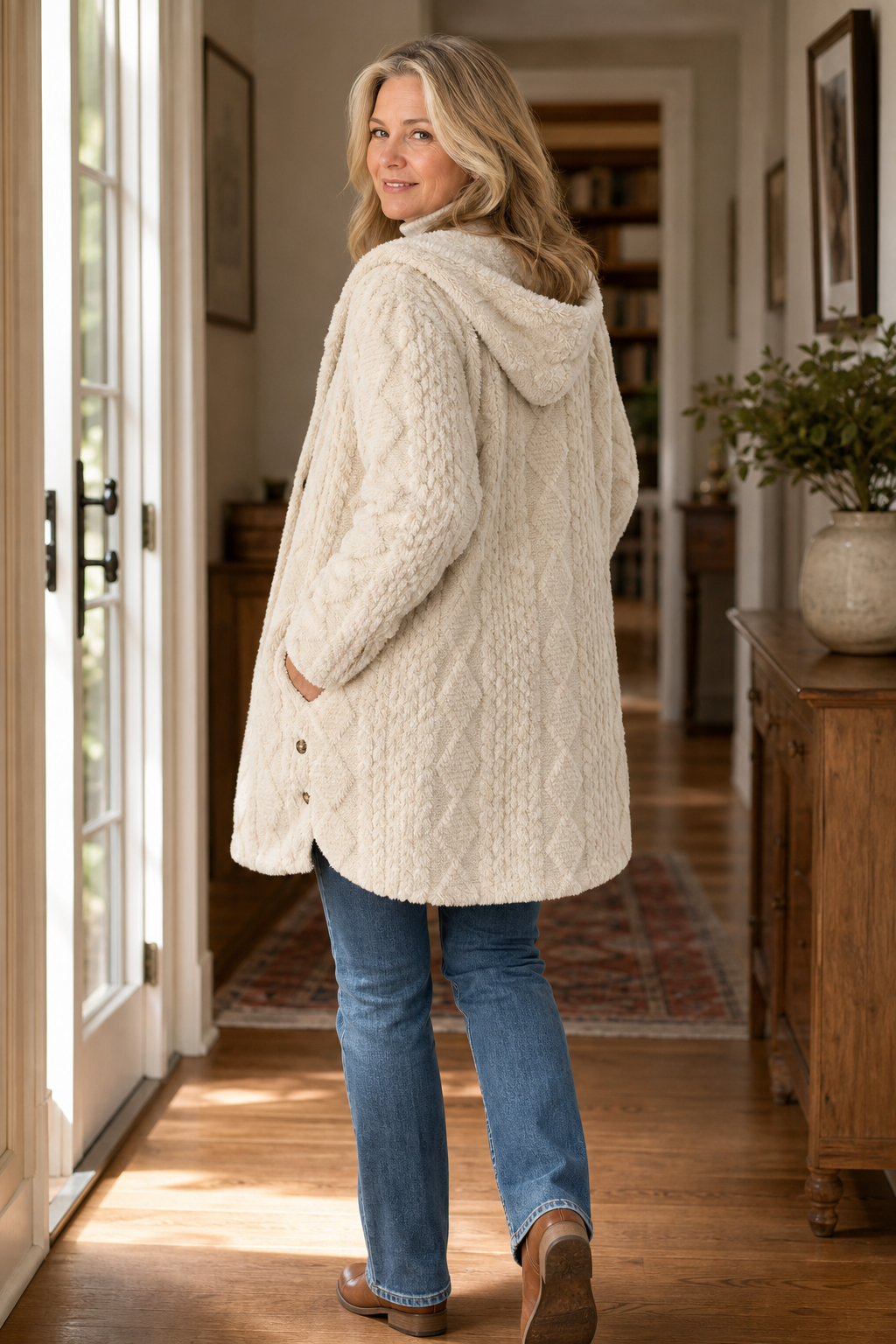 Wearbella cable-knit hooded longline coat in Black
